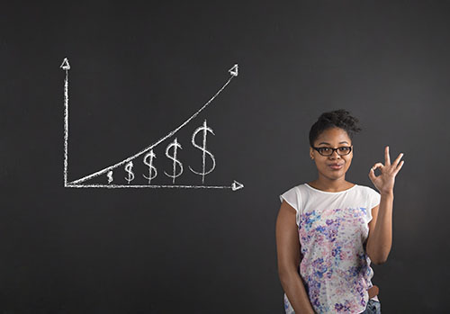 African woman with perfect hand signal with a growing money graph on blackboard background
